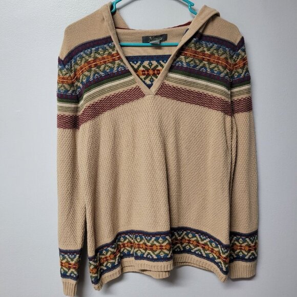 Natural‎ Reflections Knit Hooded Sweater Hoodie Tan Brown Tribal Womens Large - Picture 1 of 7